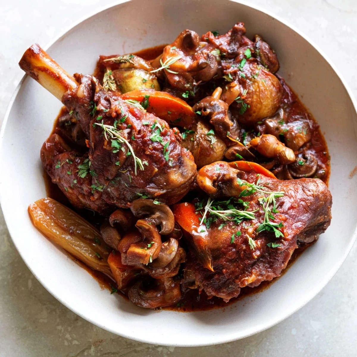 Tender Budget Coq au Vin Style Chicken Thighs sit in a rich, flavorful red wine sauce, ready to serve.