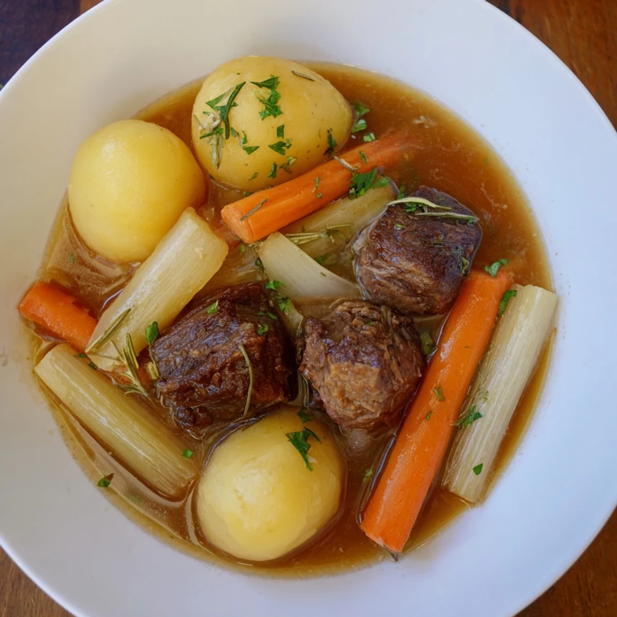 Garnish of fresh parsley atop savory Instant Pot Beef Stew with plenty of vegetables.