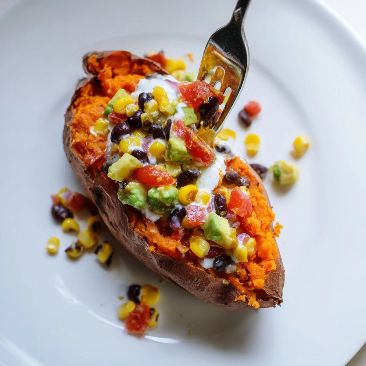 Steaming, fluffy Loaded Baked Sweet Potatoes, brimming with black beans, corn, and creamy avocado ready to eat.