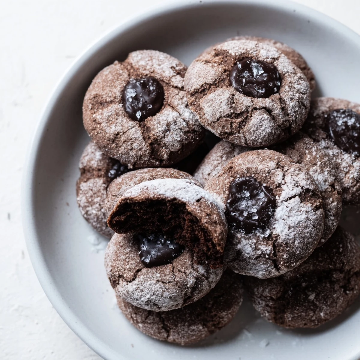 Freshly baked soft chocolate crinkle cookies, a classic American dessert, perfect with milk.