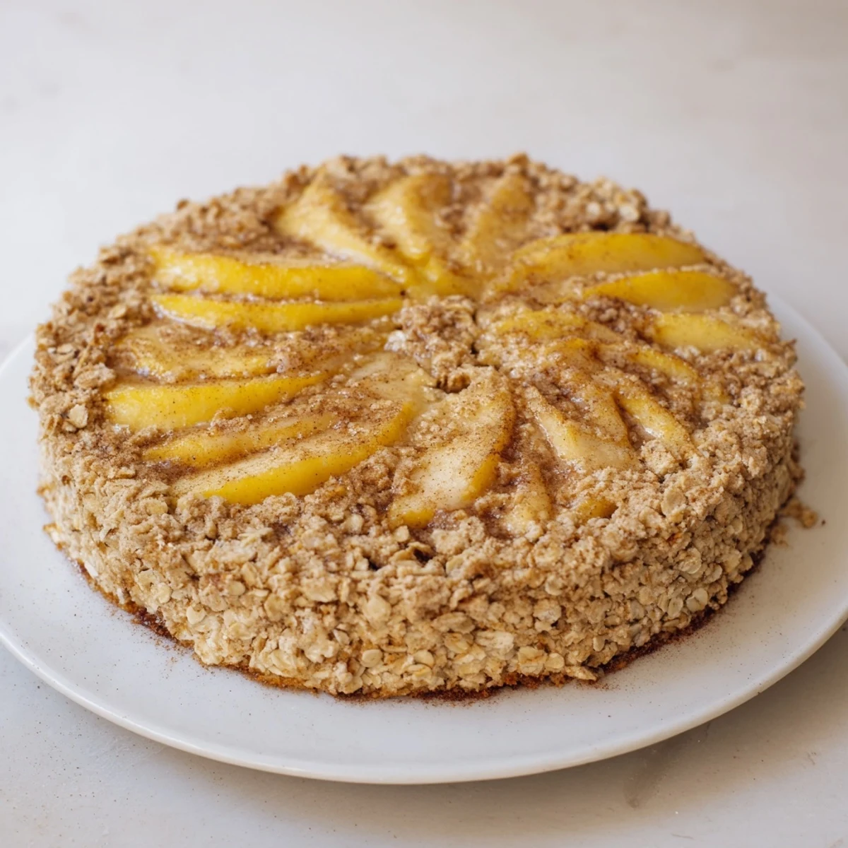 A warm, inviting close-up of the delicious Warm Cinnamon Oat Apple Crisp with a crispy oat topping.