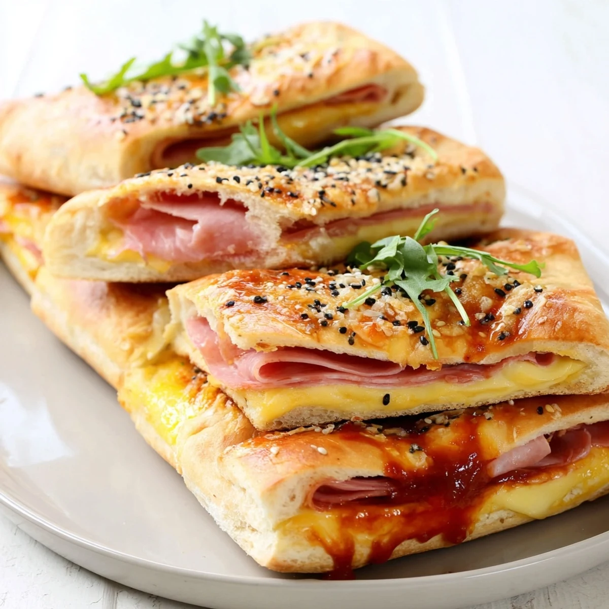 Golden-brown baked ham and cheese party sliders, oozing with melted Swiss cheese, ready to enjoy.