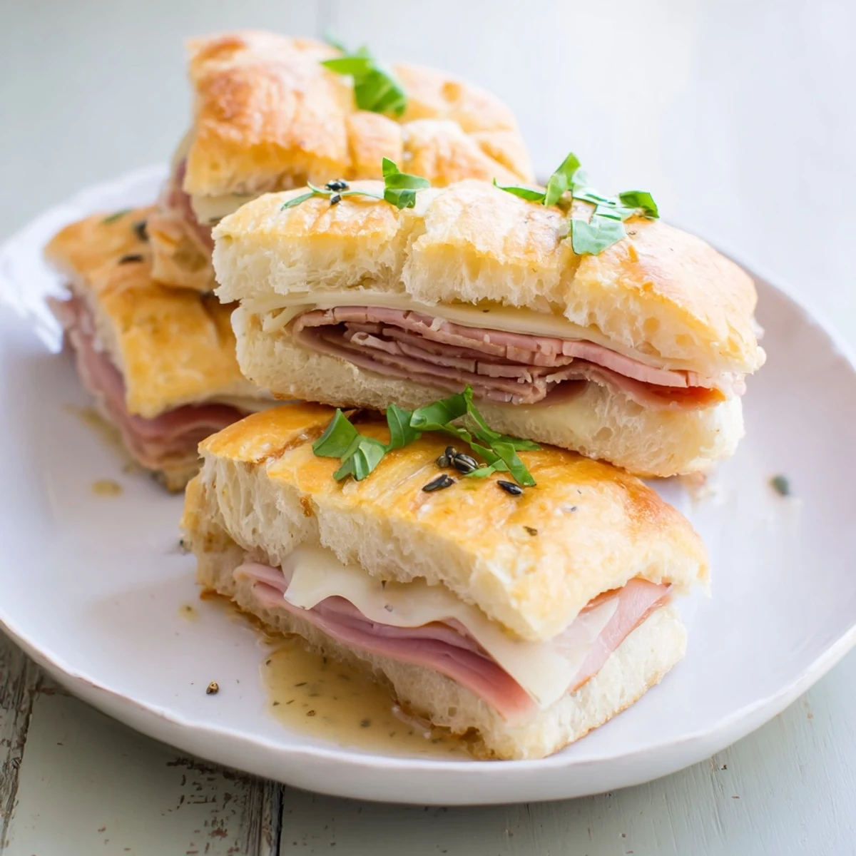 Mouthwatering image of baked ham and cheese party sliders, served warm and ready to be devoured.