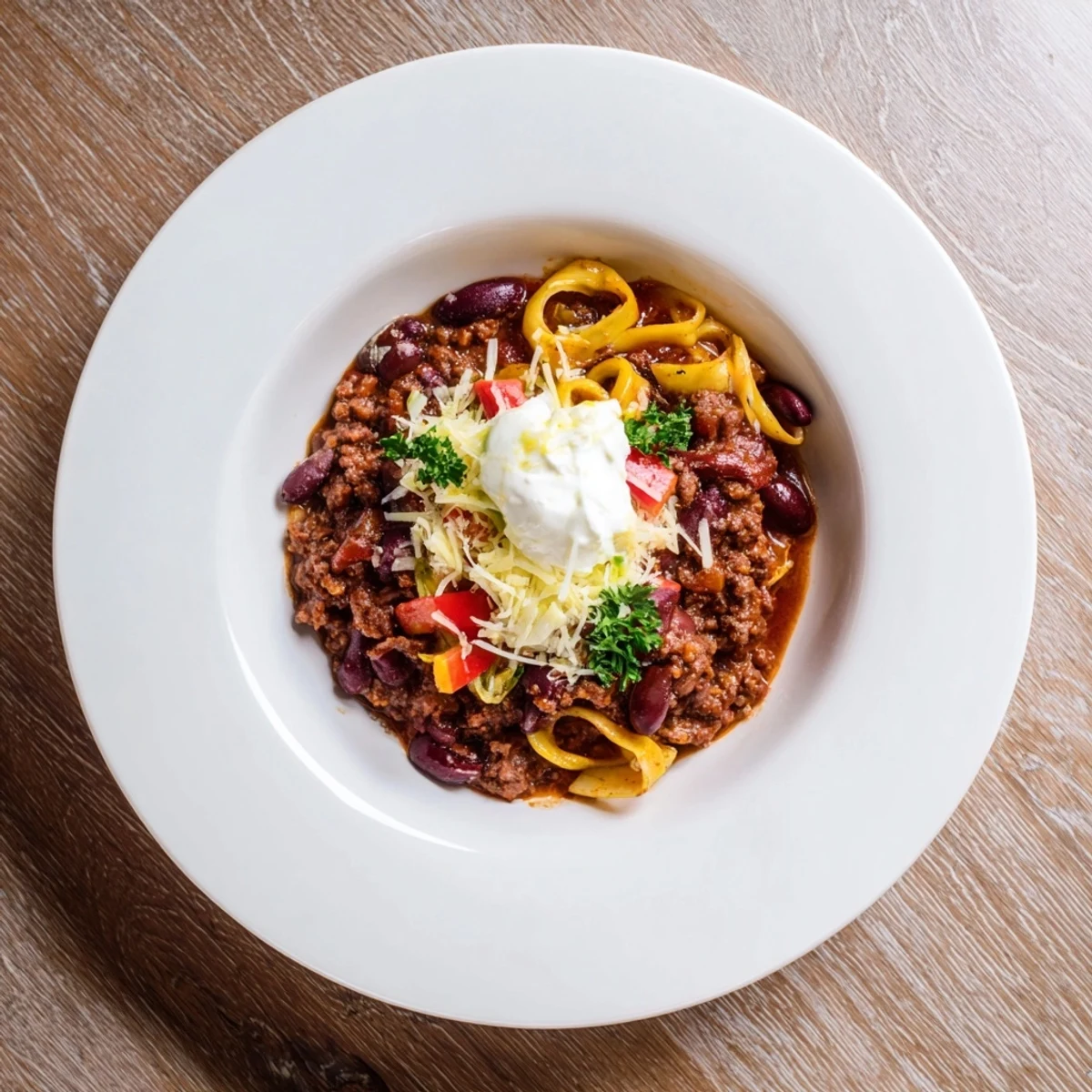 Steaming bowl of Slow Cooker Beef & Shallot Chili, topped with creamy sour cream, ready to eat.