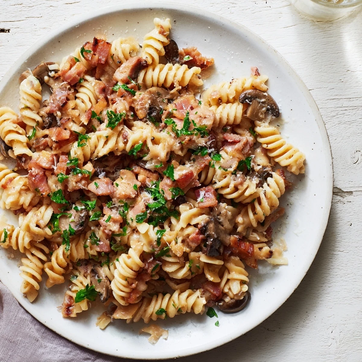 A flavorful plate of fusilli with bacon, onions, and mushrooms, ready for a delicious weeknight meal.