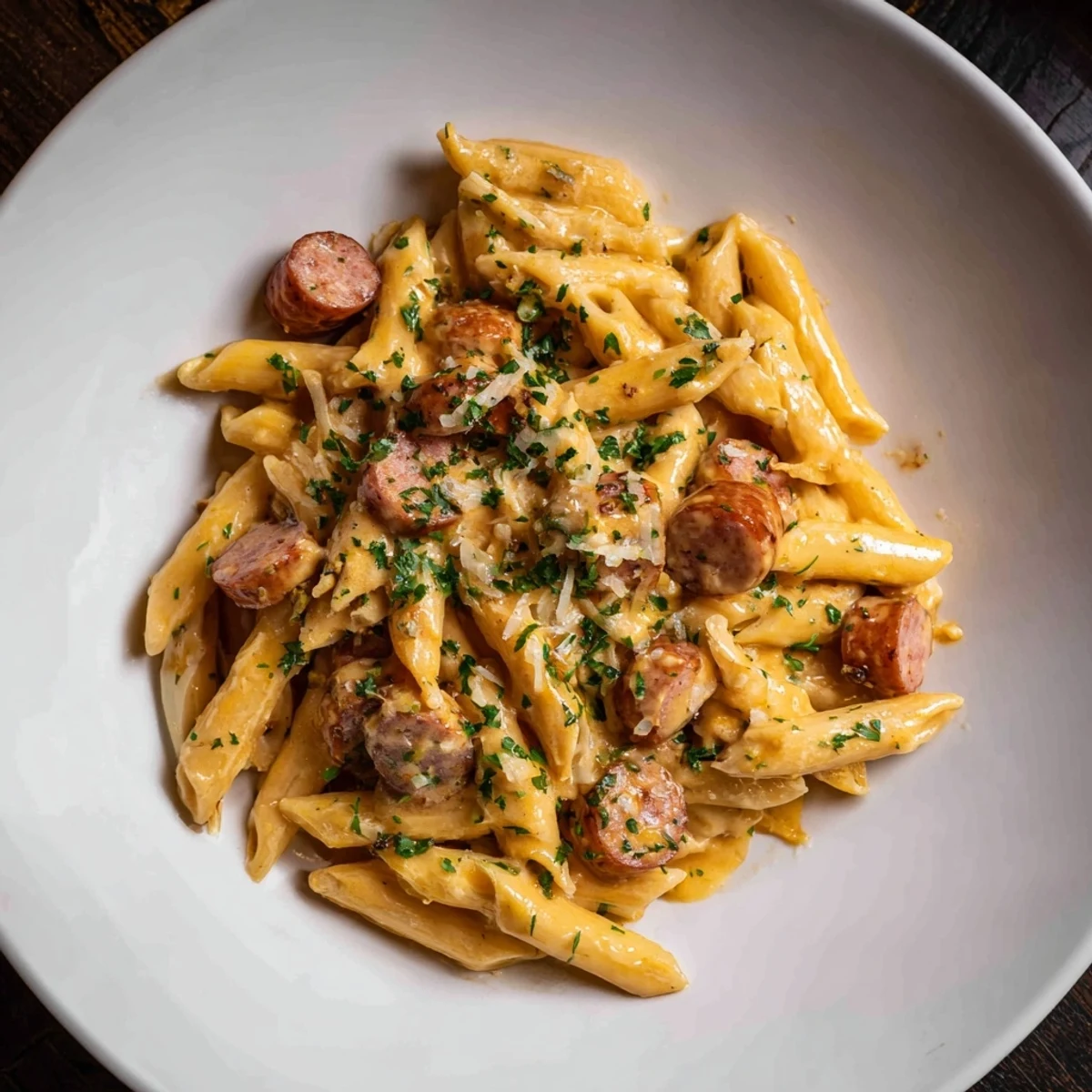 Golden penne pasta smothered in creamy Cajun Alfredo, studded with browned smoked sausage.