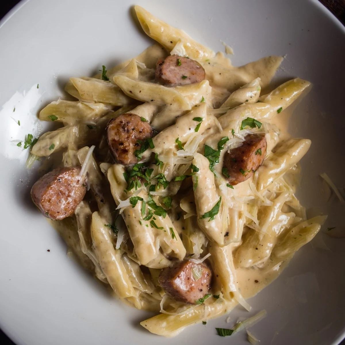 Delicious bowl of Smoked Sausage Cajun Alfredo; a flavorful pasta perfect for weeknight dinners.