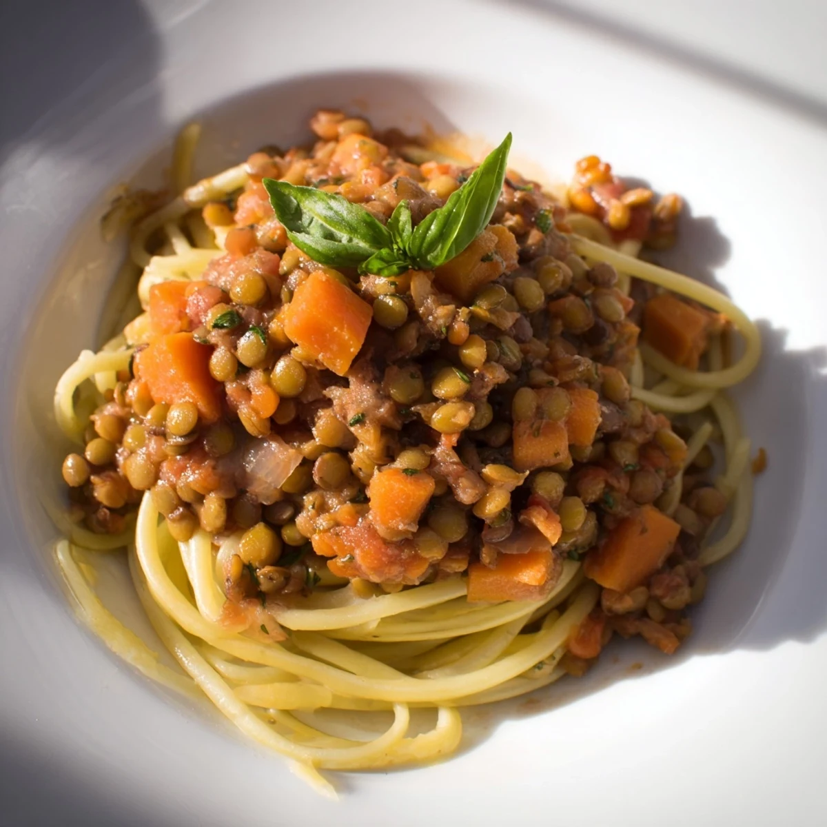 Steaming, fragrant plant-based lentil Bolognese, a hearty vegan meal, ready to serve over spaghetti.