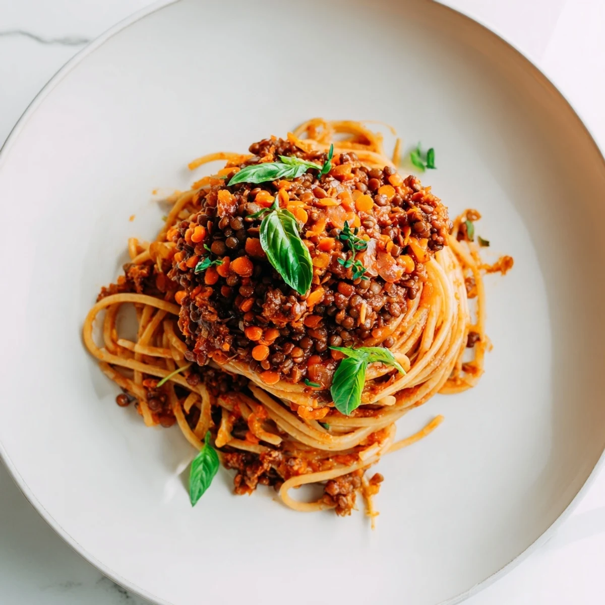 A close-up of a rustic bowl filled with rich, homemade plant-based lentil Bolognese, perfect for pasta night.