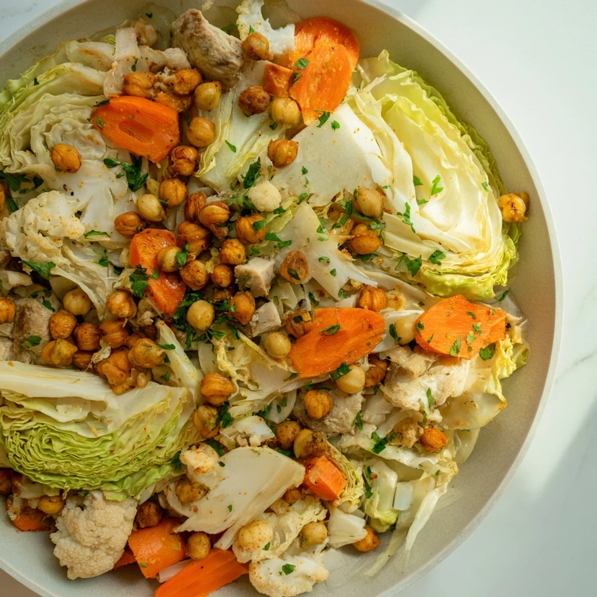 Chicken Kale Soup with crispy chickpeas, a bowl full of vibrant greens and golden chickpeas.