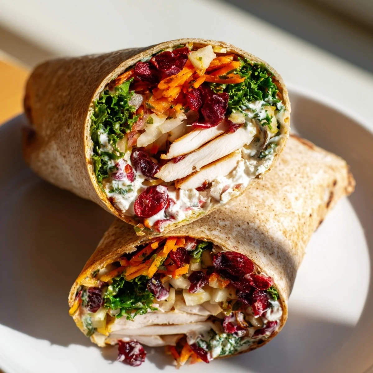 Freshly assembled cranberry apple slaw turkey wraps, ready to be sliced, perfect for picnics.