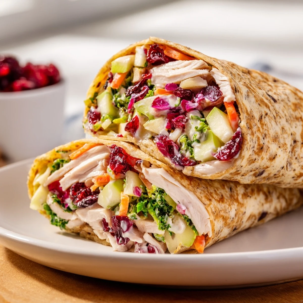 Tempting cranberry apple slaw atop a turkey wrap, a healthy and vibrant lunch option.