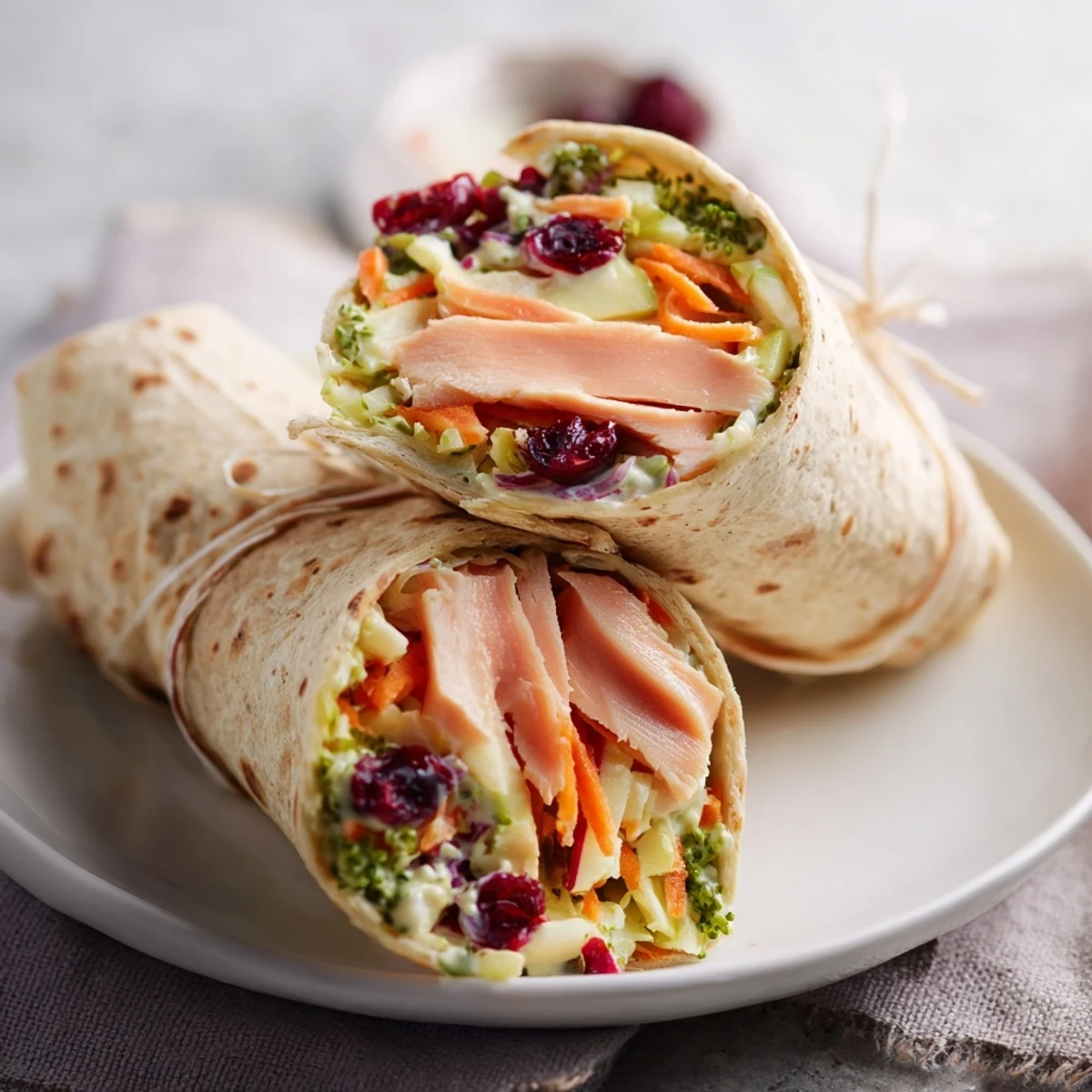 Close-up of a delicious cranberry apple slaw filling a turkey wrap with a creamy yogurt dressing.