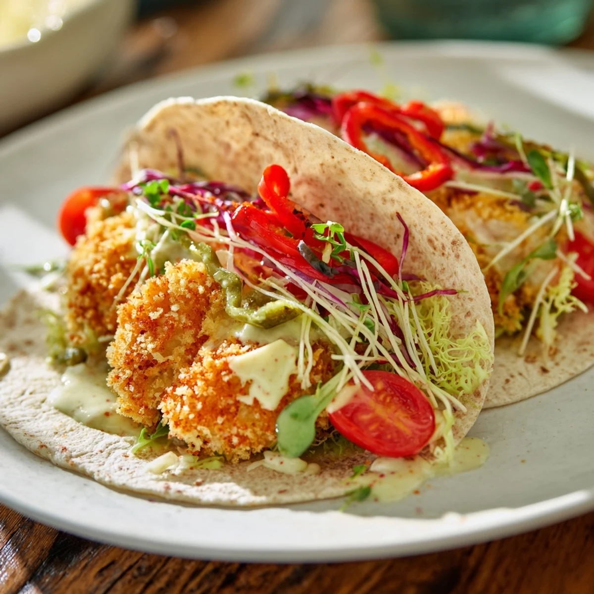 Vibrant photo: Crispy Santa Hat Chicken Caesar Wrap with red pepper "hats" nestled on a warm tortilla.