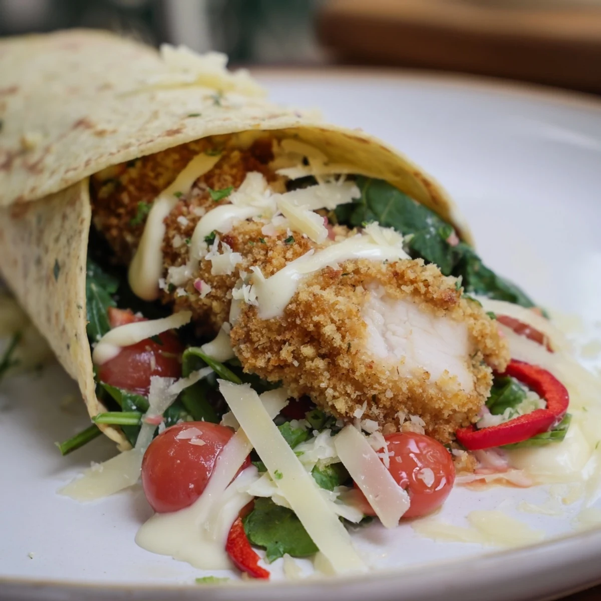 Freshly assembled Santa Hat Chicken Caesar Wrap, filled with juicy chicken and creamy Caesar dressing.