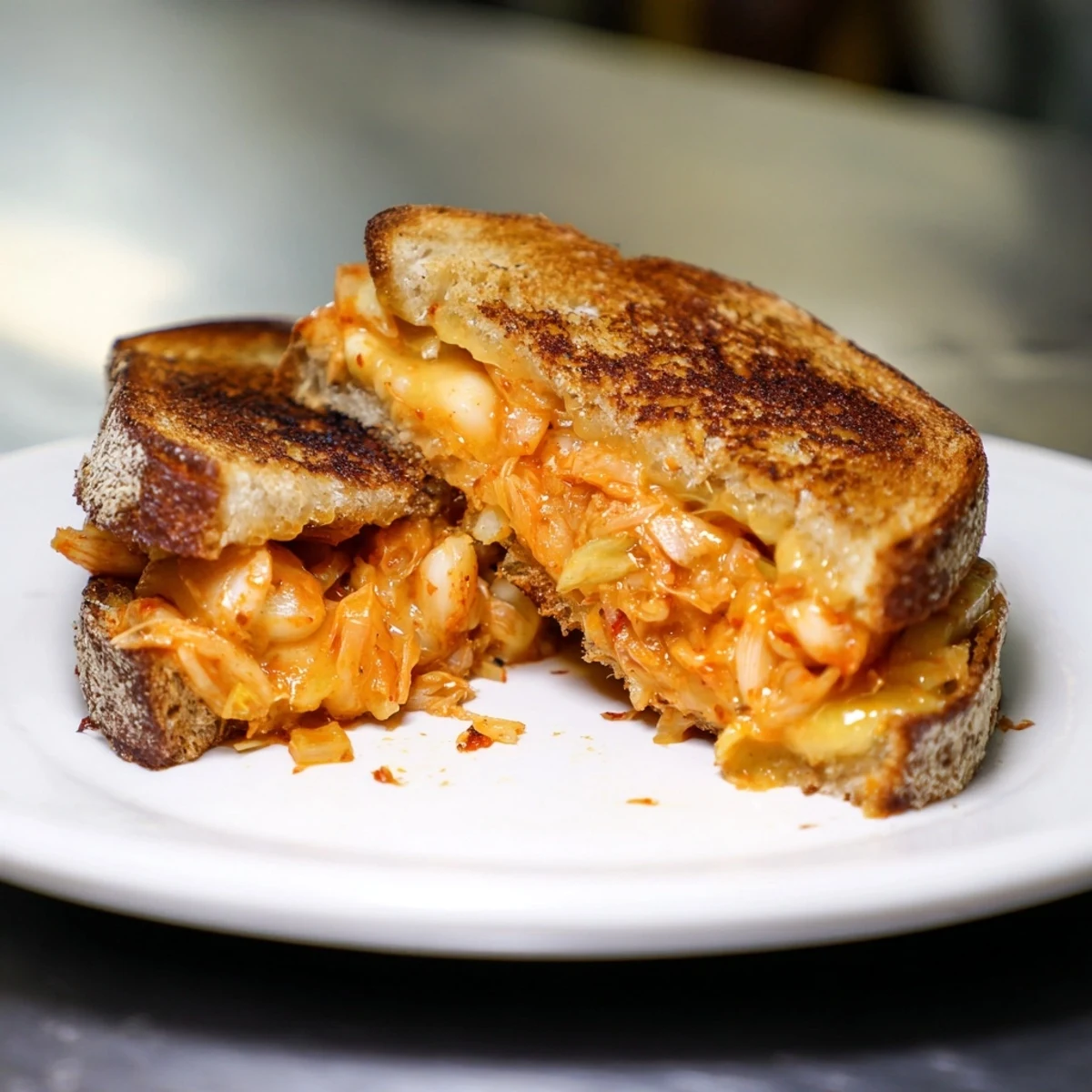 Perfectly browned Skillet Kimchi & Cheddar Fusion Grilled Cheese, ready to be sliced and enjoyed with tomato soup.