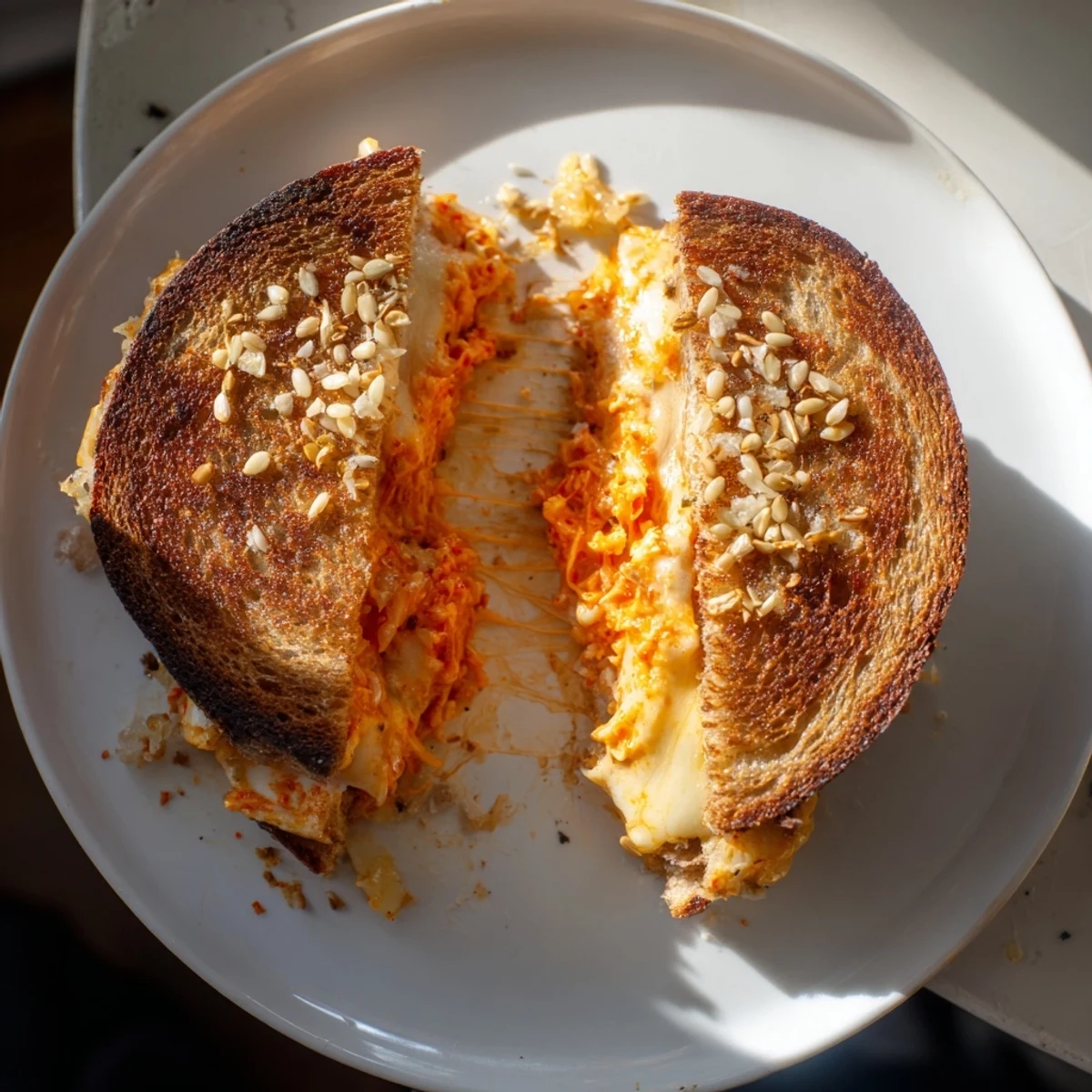 Golden, bubbly Skillet Kimchi & Cheddar Fusion Grilled Cheese, oozing melted cheddar and kimchi filling.