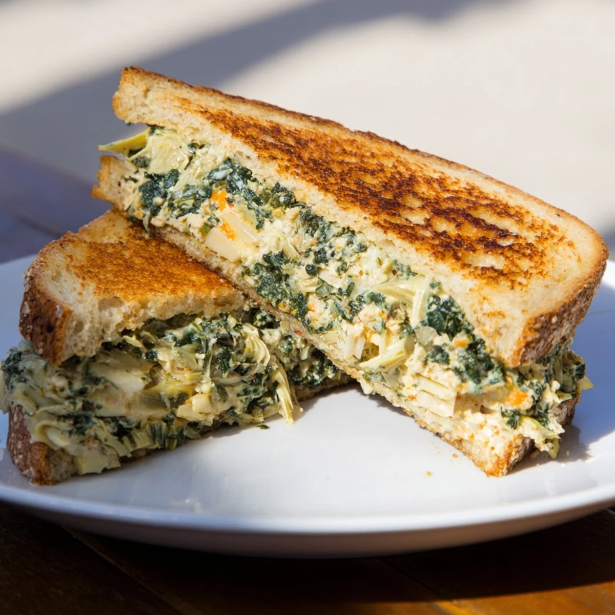 Golden brown Air Fryer Spinach & Artichoke Dip Grilled Cheese shows melted cheese and creamy filling ready to be enjoyed.