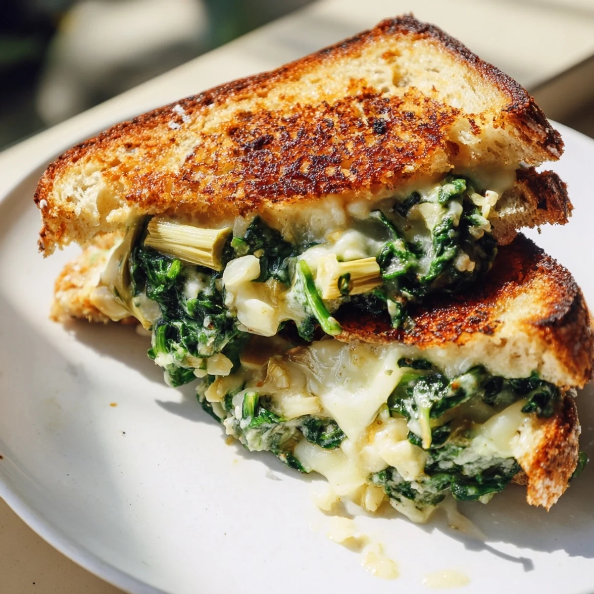 Melting slices of Air Fryer Spinach & Artichoke Dip Grilled Cheese, perfect for a quick and satisfying vegetarian lunch or dinner.