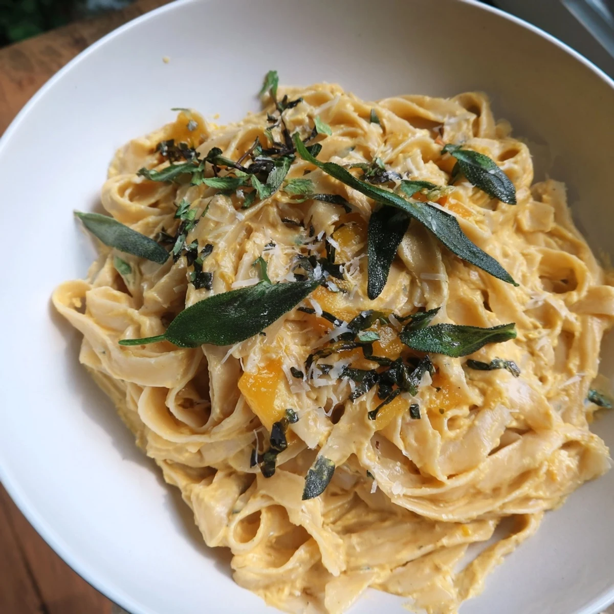A delightful view of Healthy Creamy Pumpkin Sage Holiday Pasta, perfect for a cozy, flavorful fall meal.