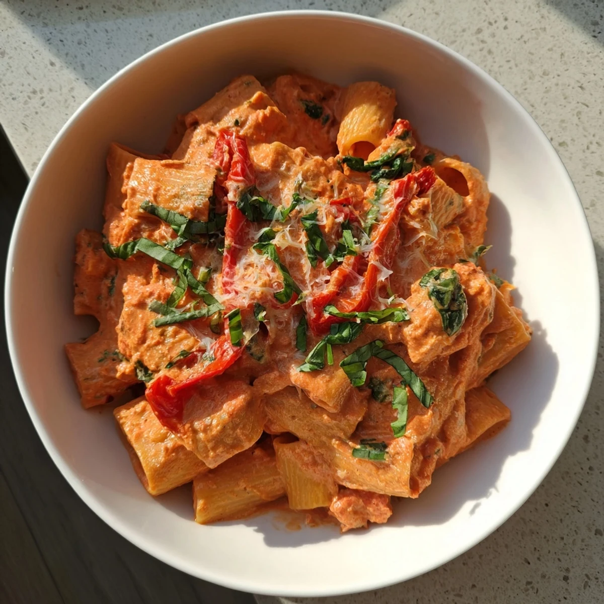 Creamy Lightened-Up Vodka Rosé Pasta, a vibrant green and red masterpiece, perfect for Christmas dinner.