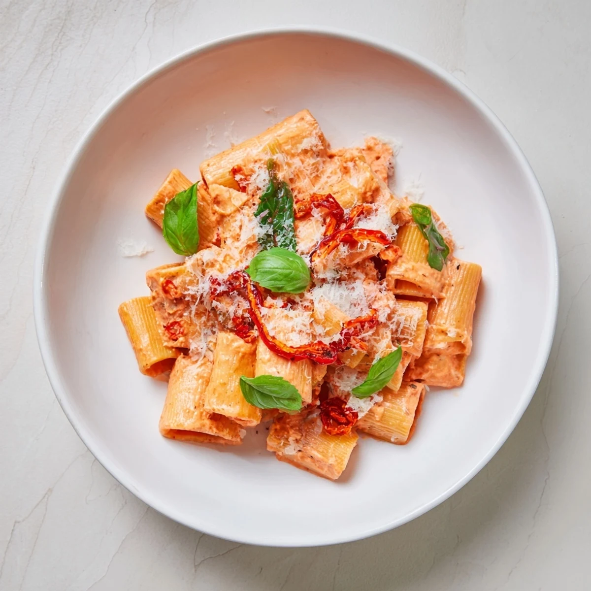 Delicious Lightened-Up Vodka Rosé Pasta, showing a generous serving with fresh basil and Parmesan cheese.