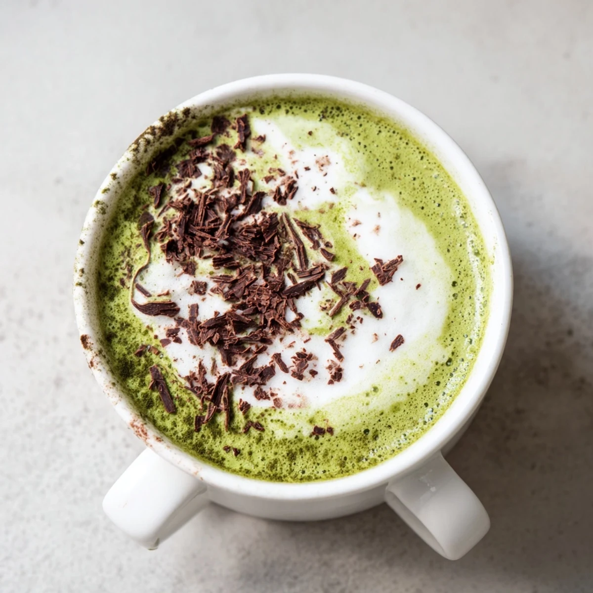 A steaming mug of Collagen Peppermint Mocha Matcha Latte, a refreshing and energizing beverage ready to enjoy.