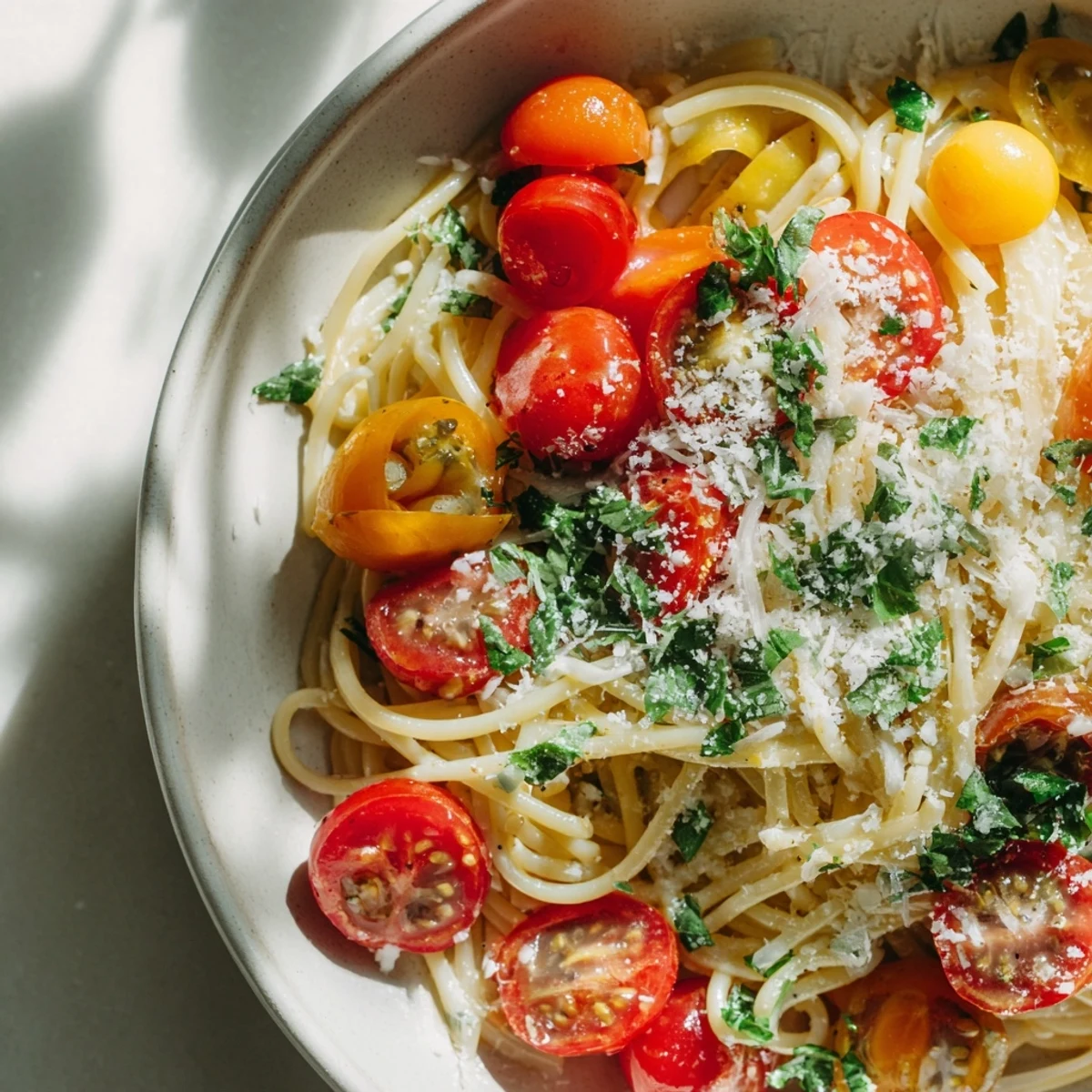 Steaming Cozy Fireplace One-Pan Tomato Basil Pasta with vibrant red tomatoes and fresh basil, ready to serve.
