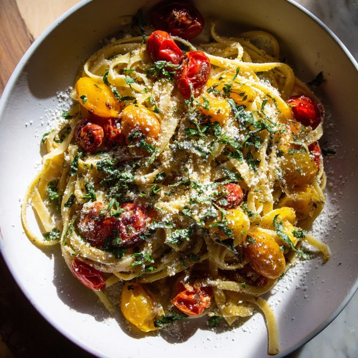 A close-up of the delicious Cozy Fireplace One-Pan Tomato Basil Pasta, glistening with olive oil and cheese.
