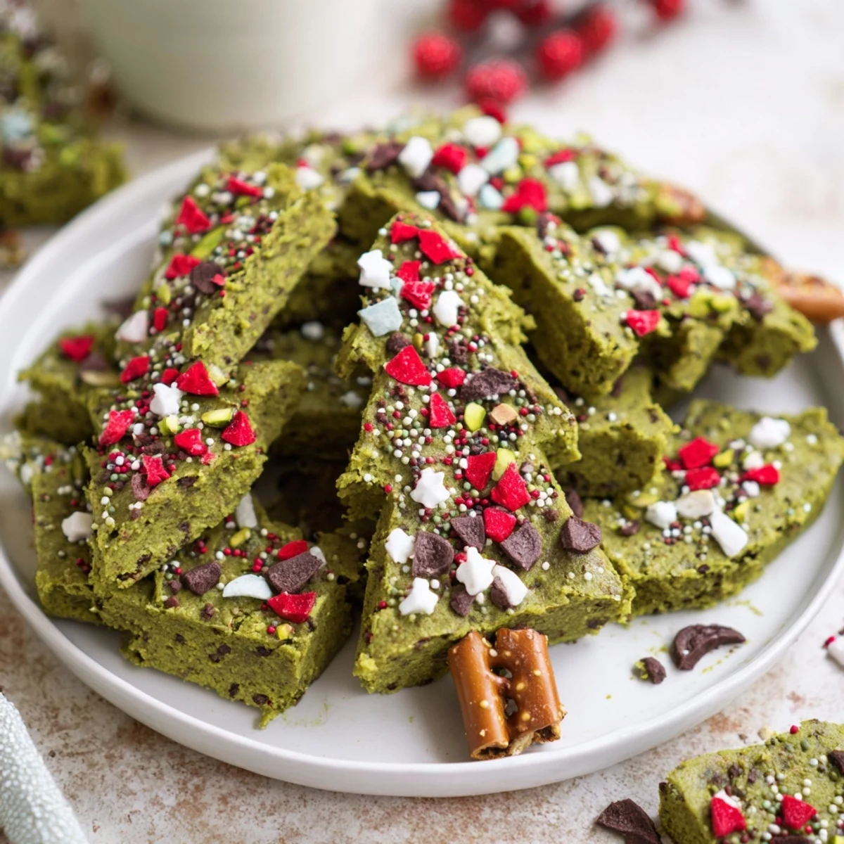 Matcha Pistachio Christmas Tree Blondie Bars: soft, green bars sprinkled with festive holiday decorations and pretzels.