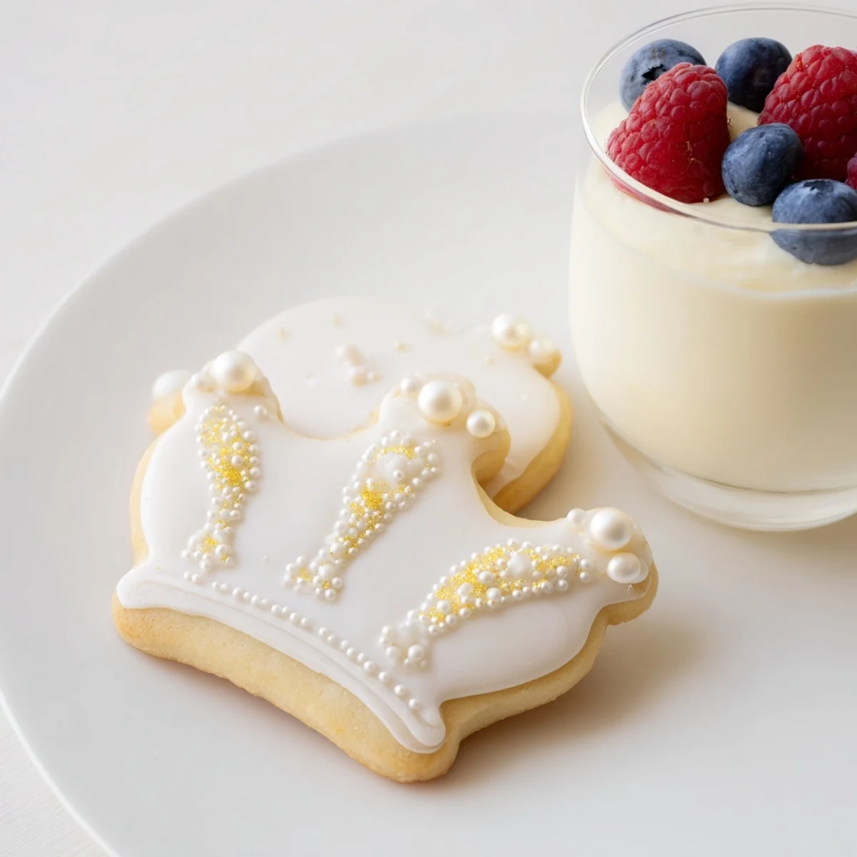 A decadent Princess Crown Dessert Tray: crown cookies, white chocolate mousse, and vibrant berries.