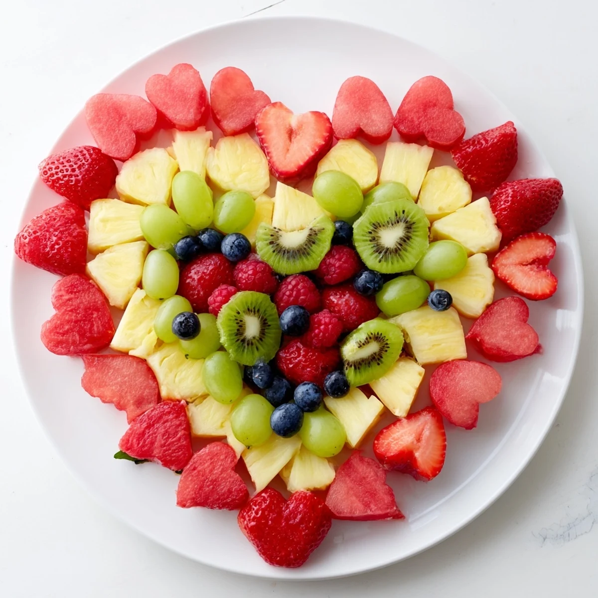 A heart-shaped Sweetheart Fruit Board bursting with fresh, juicy strawberries, grapes, and watermelon slices.