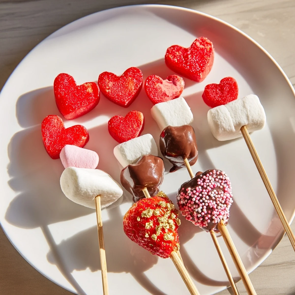 A vibrant Cupid's Arrow Candy Tray, showcasing dipped strawberries, heart gummies, and chocolate treats.