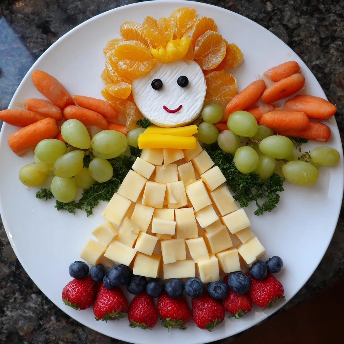 Cherub Angel Snack Tray elegantly displays colorful fruits, cheeses, and adorable angel shape for a party.