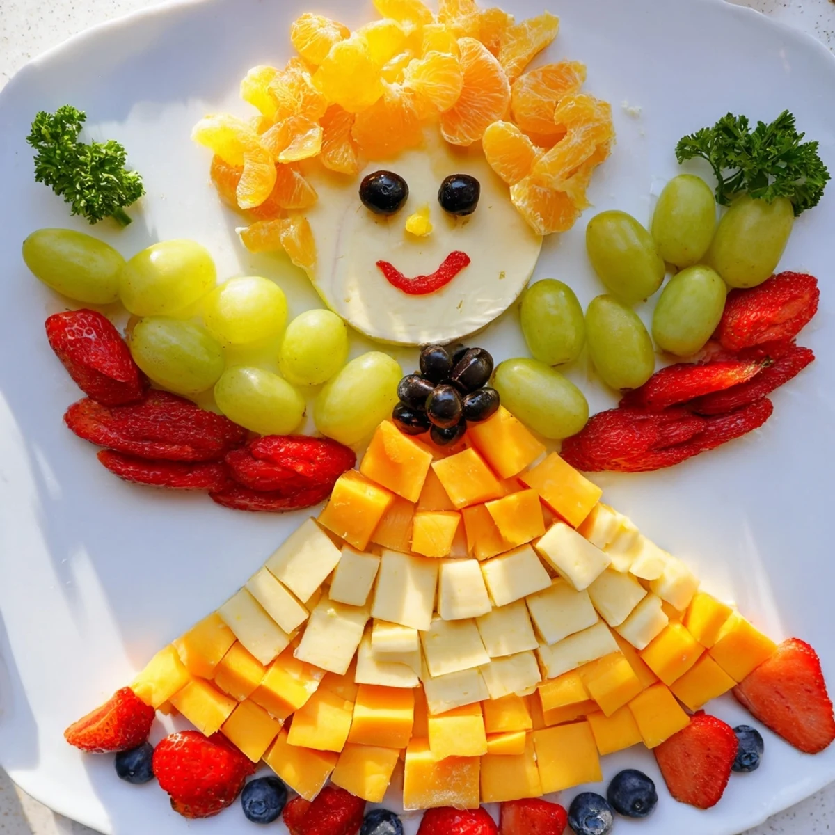 A festive Cherub Angel Snack Tray, filled with grapes, strawberries, and cheeses, ready for serving guests.