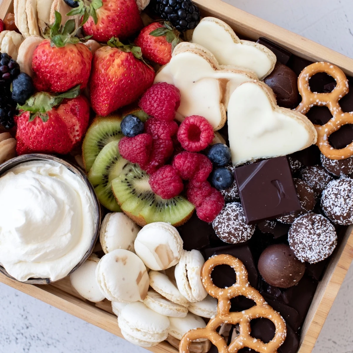 Love Letter Dessert Board overflowing with vibrant fruits, chocolates, and cookies, ready to be enjoyed.