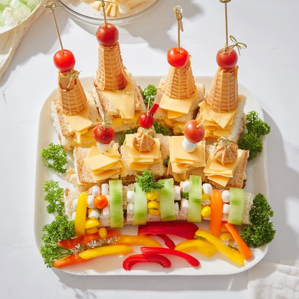 Fairy Tale Castle Platter with colorful fruits and veggies, perfect for a kids' party, arranged beautifully.