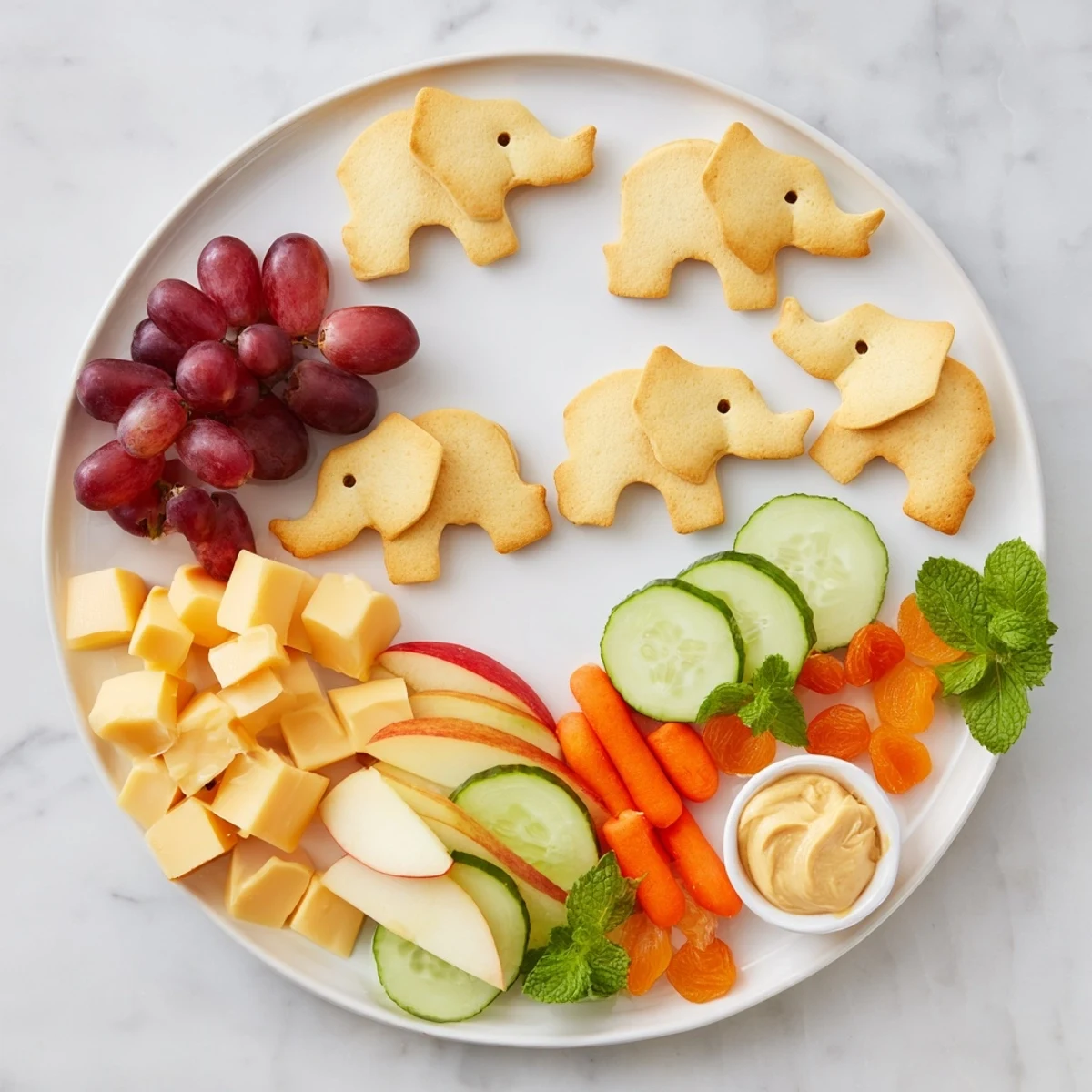 Gentle Giant Elephant Cracker Board: a colorful spread of crackers, cheeses, and fruits ready for snacking.
