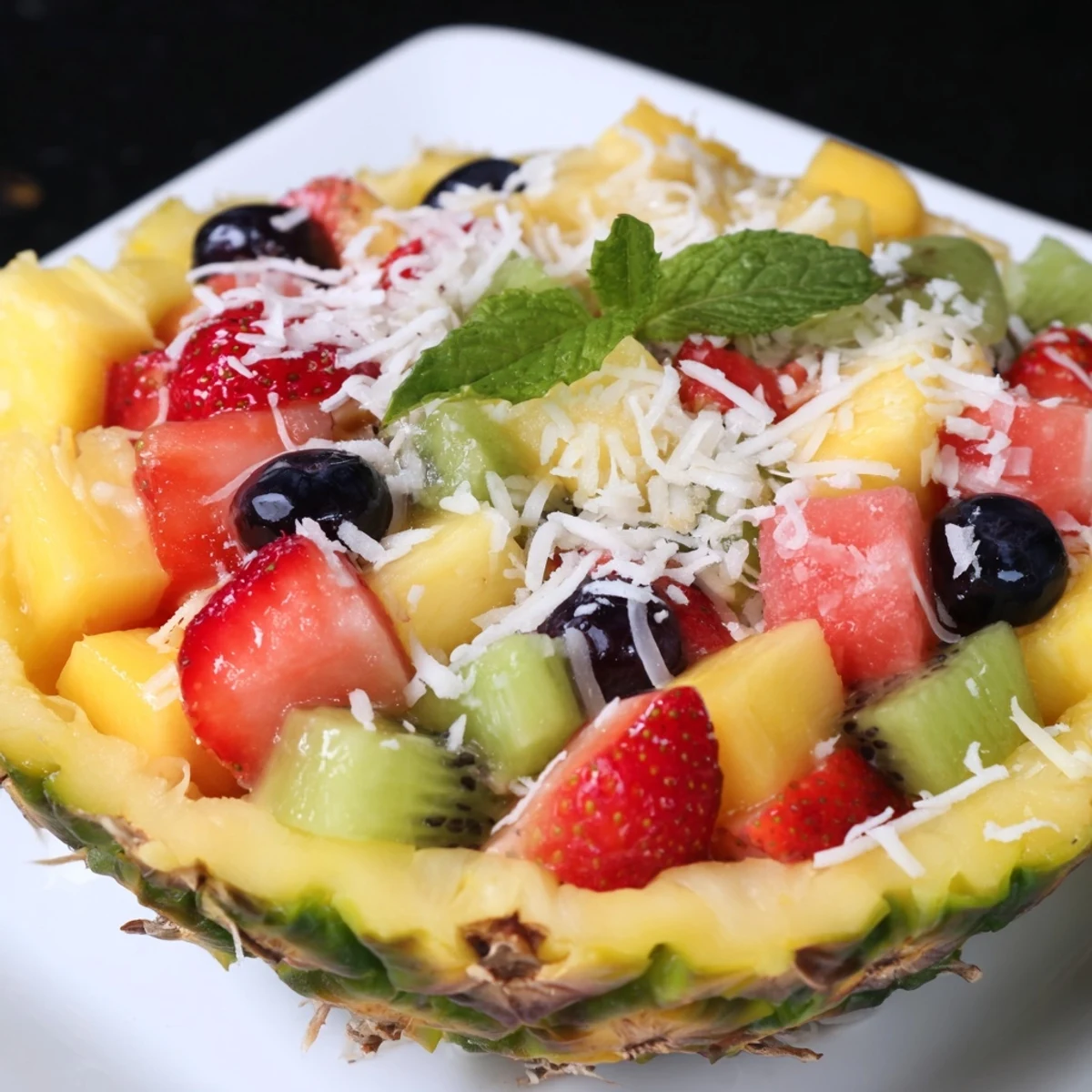 Vibrant Tropical Bliss Pineapple Fruit Boat overflowing with colorful, juicy fruit and fresh mint.