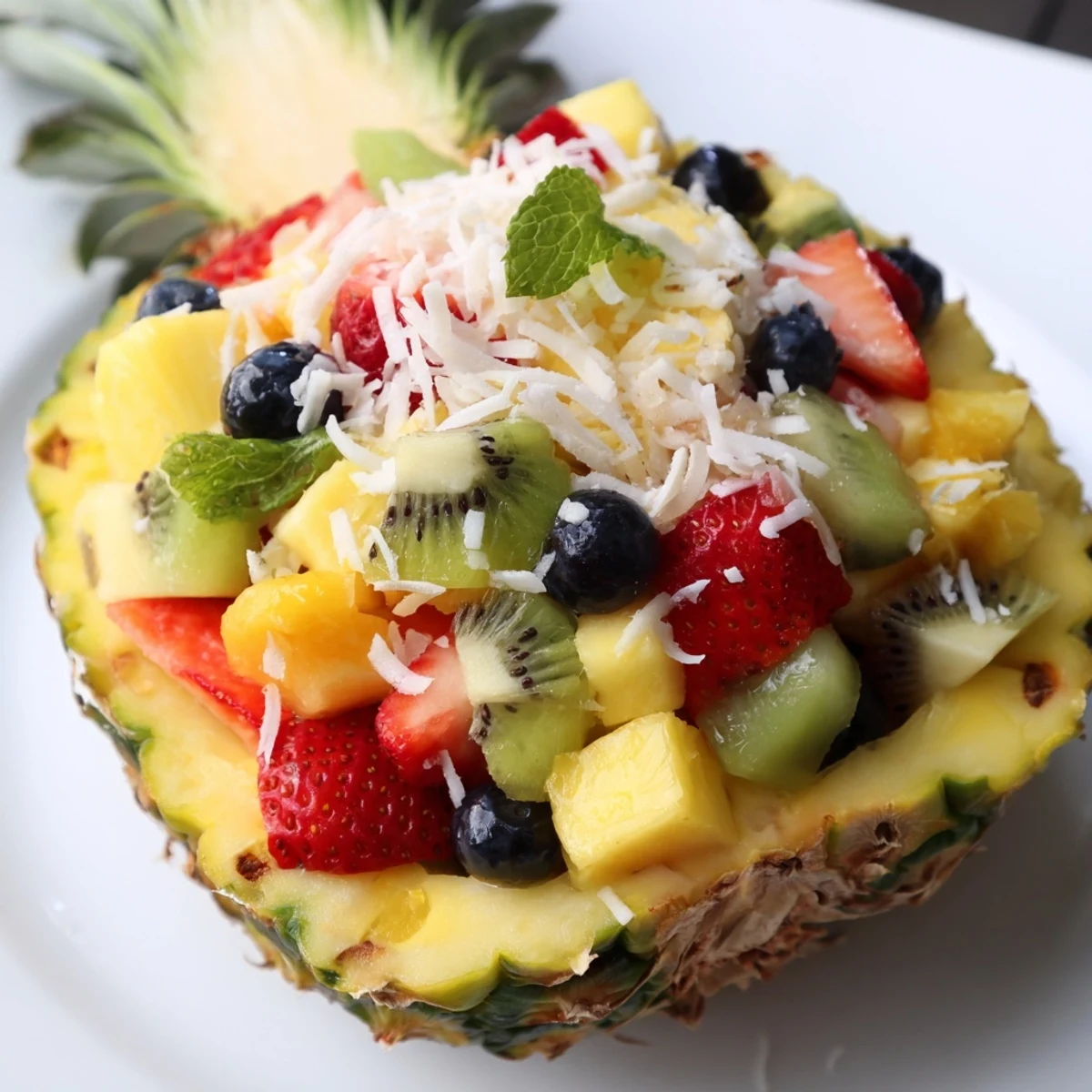 A beautiful close-up of Tropical Bliss Pineapple Fruit Boat loaded with mango, berries, and drizzled lime dressing.