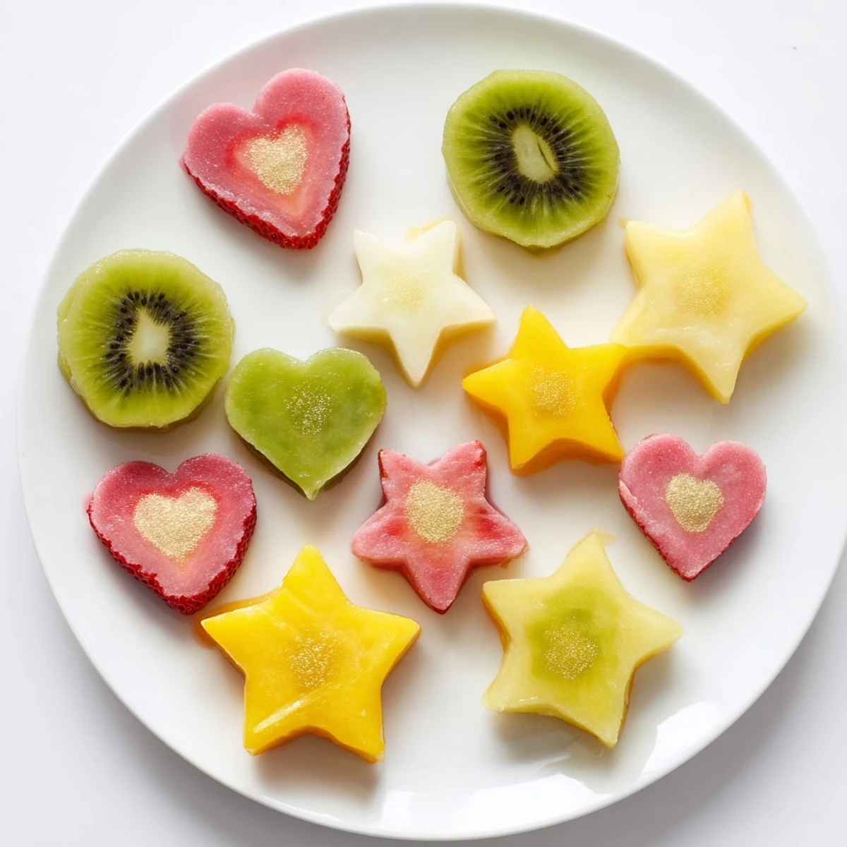 Festive Midnight Kiss garnishes: star-shaped mango and heart-cut strawberry, perfect for cocktails.