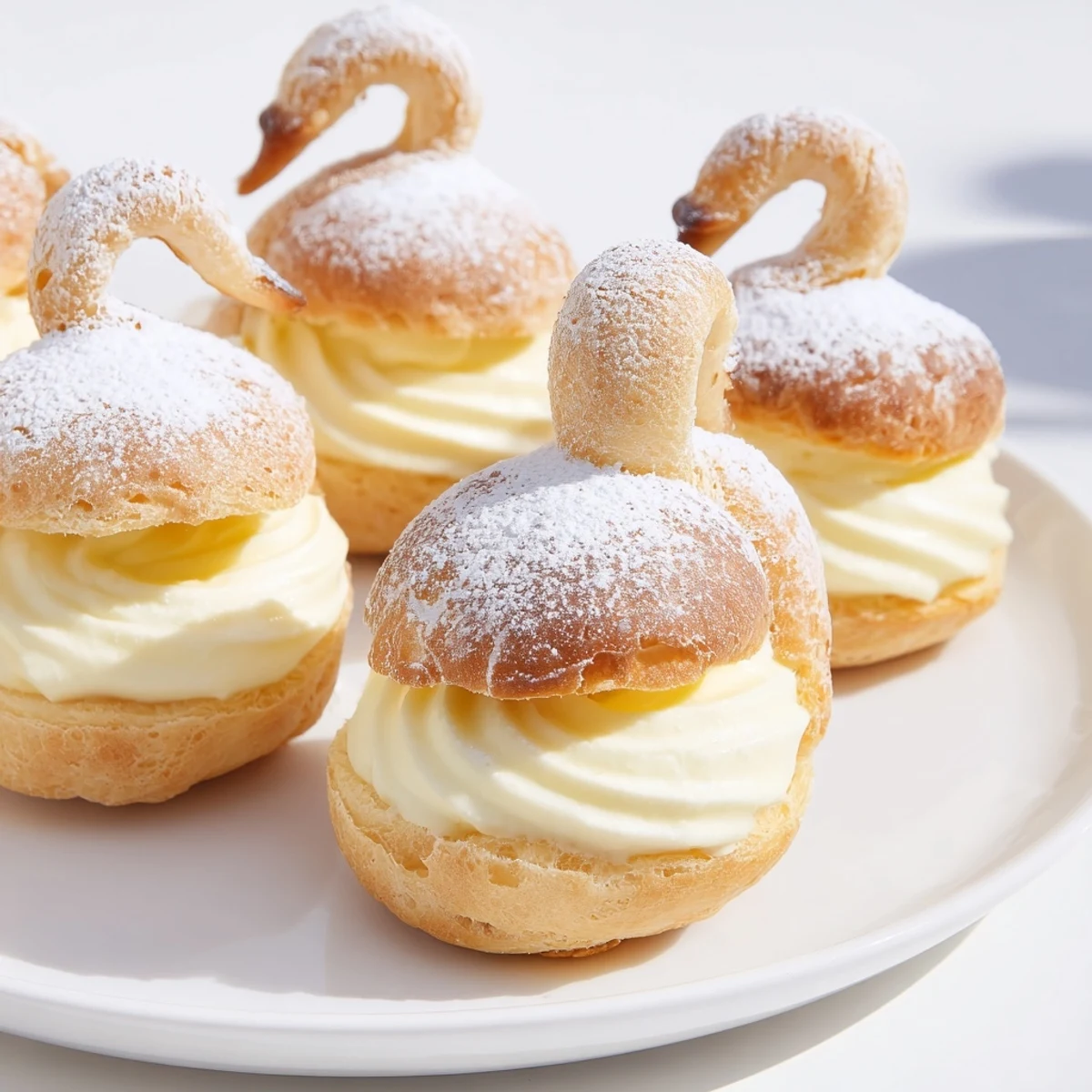 Delicate Feathered Friend Swan Pastry Platter, showing crispy pastry swans with smooth, chilled pastry filling.