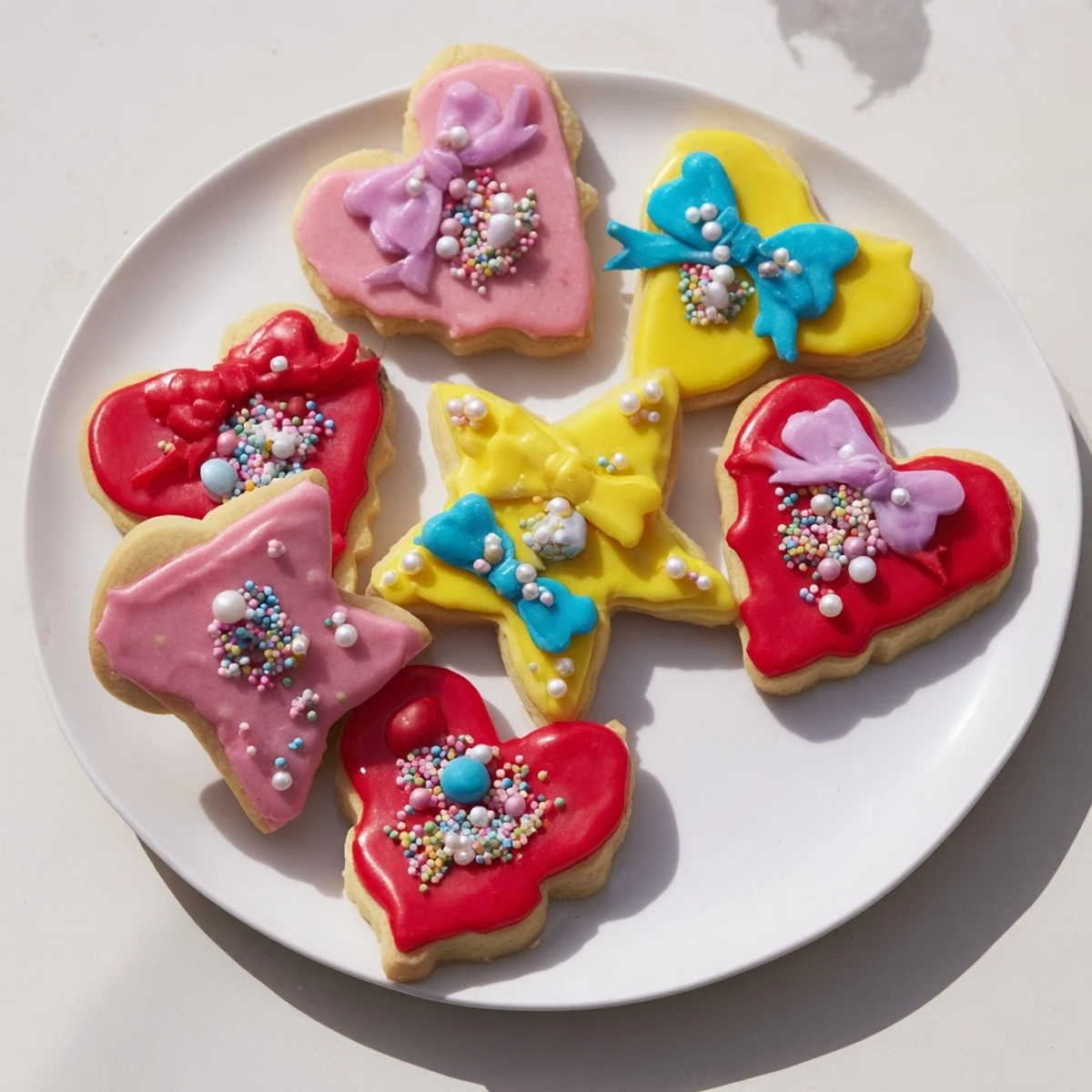 Pretty Bows Heart & Star Cookies: Colorful icing decorates these delightful heart and star sugar cookies for a festive treat.
