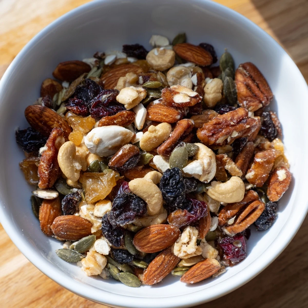 Golden, crunchy Nutty Nosh Squirrel Snack Mix features roasted nuts and dried fruit, ready to enjoy.