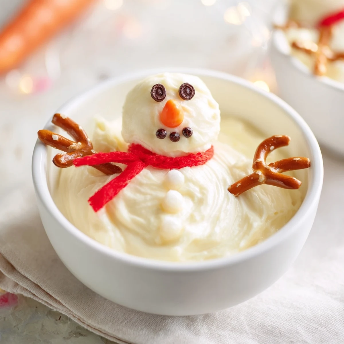 Melted Snowman Dip Bowl showcases a delicious, creamy base, ready with carrot noses and pretzel arms.