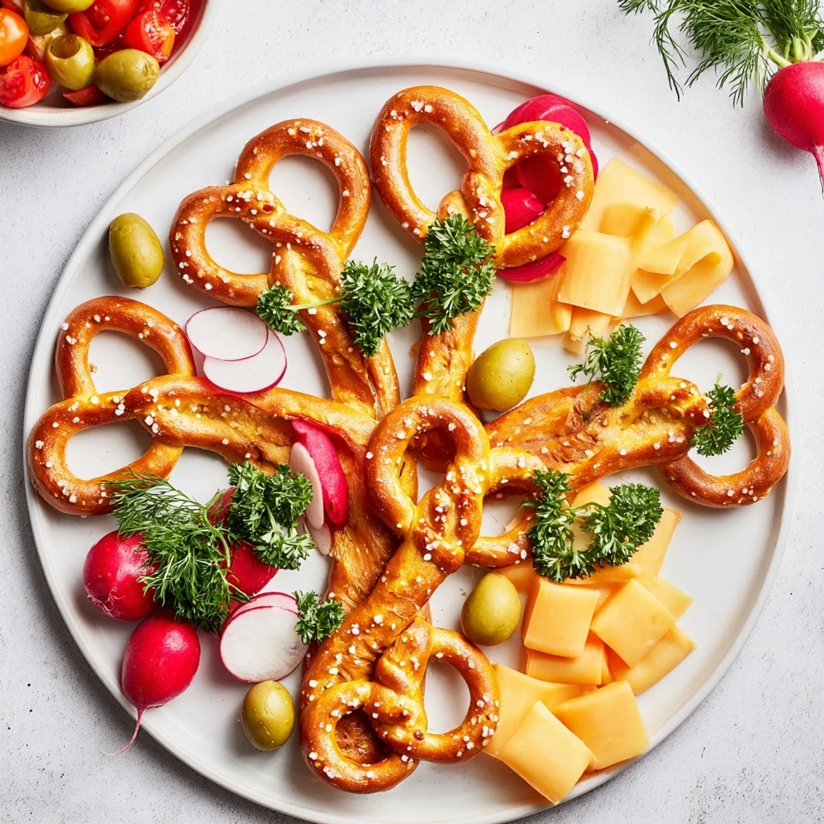 Golden-brown Bretzel Arbre de Vie arranged with savory bites, perfect visual appetizer for your next party.