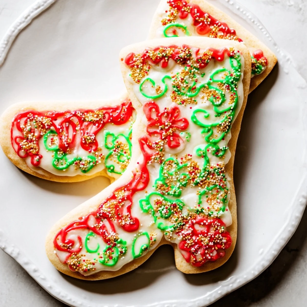 A plate of Christmas boot-shaped delights, sweet treats iced in festive reds and greens.