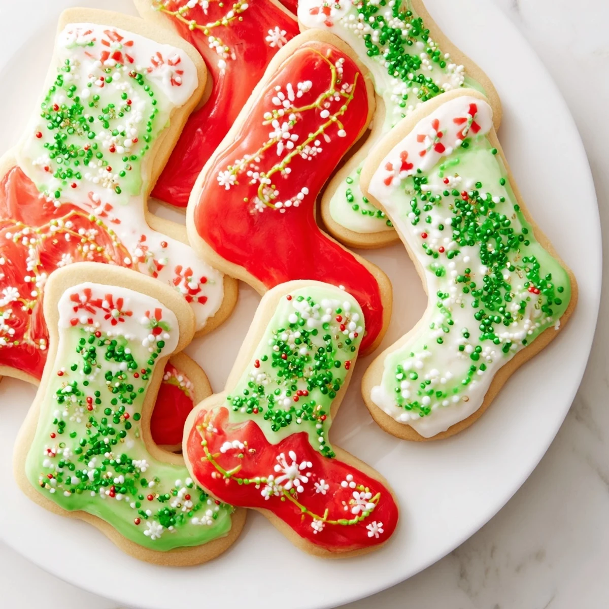 Freshly baked Christmas boot-shaped delights: buttery cookies with colorful icing and sprinkles.