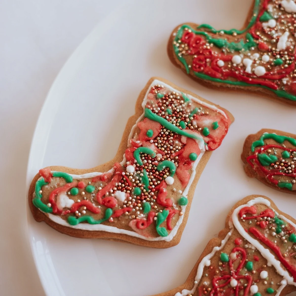 Close-up of vibrant Christmas boot-shaped delights, perfect holiday cookies ready for snacking.