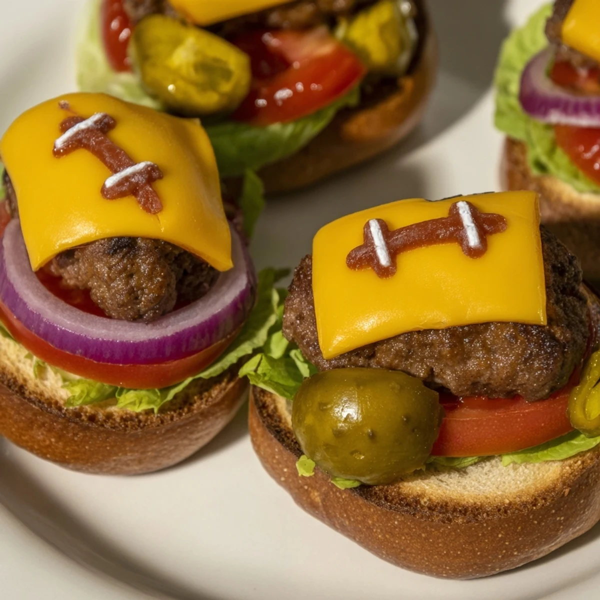 American football oval burgers arranged on a platter, ready for a game day celebration, with golden fries.